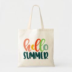 Bright and Colorful Typography Hello Summer Tote Bag. Perfect for beaches and vacations. Summer Shoulder Bag With Letter Print, Casual Beach Shoulder Bag With Letter Print, Casual Multicolor Canvas Bag For Summer, Summer Rectangular Bags With Letter Print, Summer Rectangular Bag With Letter Print, Vacation Rectangular Shoulder Bag With Letter Print, Summer Canvas Shoulder Bag With Letter Print, Rectangular Letter Print Shoulder Bag For Vacation, Summer Canvas Bag For Daily Use