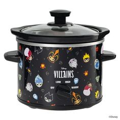 a black crock pot with the words villain's and other characters on it