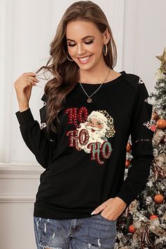 Christmas Graphic Leopard Print Cut-out Pullover Sweatshirt Casual Long Sleeve Christmas Tops, Casual Christmas Long Sleeve Tops, Black Long Sleeve Sweatshirt For Holiday, Casual Long Sleeve Holiday Sweatshirt, Casual Long Sleeve Holiday Tops, Black Long Sleeve Christmas Tops, Black Sweatshirt For Fall Holiday, Holiday Black Long Sleeve Tops, Black Tops For Fall Holiday