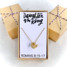 If you are a Christian that makes you a daughter of the King! This adorable little gold crown necklace serves as a great reminder that you are chosen and special and loved, not because of who you are, but because of whose you are. You have not received a spirit that makes you fearful slaves. Instead you received God's spirit when he adopted you as His own children.. And since we are his children we are also his heirs. Romans 8:15-17 When you know whose child you are you have no need to fear. If Inspirational Gold Jewelry For Birthdays, Inspirational Gold Necklaces For Birthday, Inspirational Gold Necklace For Birthday, Adjustable Gold Charm Necklace For Best Friend, Adjustable Gold Charm Necklace For Birthday Gift, Gold Adjustable Charm Necklace For Birthday Gift, Gold Adjustable Charm Necklace For Birthday, Gold Birthday Jewelry With Crown Design, Adjustable Crown Design Jewelry For Gift