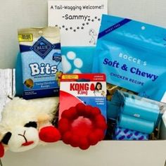 a stuffed animal sitting inside of a box filled with snacks and other things to eat