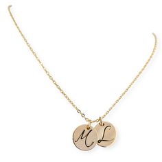 "Personalized Gold Initial Necklace, Two Gold Initials, Script Initial Disc, Cursive, Gold Initial Charms, Couples Necklace, For Her Details for Necklace: *  Cable Link Chain 18\" (let us know if you would like different length at checkout) *  14kt Gold Filled, Sterling or Rose Gold Filled Disc (1/2\") More discs can be added at checkout)  *  Select Metal Color at Checkout Disc/s can be Smooth, Hammered or Hammered Edges Custom orders are welcome.  Each Necklace is nicely wrapped in an organza b Handmade Adjustable Initial Pendant Jewelry, Adjustable Round Disc Nickel-free Necklaces, Adjustable Metal Necklaces For Personalized Gifts, Handmade Initial Pendant Jewelry For Personalized Gift, Personalized Round Adjustable Necklace, Nickel Free Adjustable Initial Pendant Jewelry, Adjustable Nickel Free Initial Pendant Jewelry, Handmade Minimalist Initial Pendant Jewelry, Minimalist Handmade Initial Pendant Jewelry