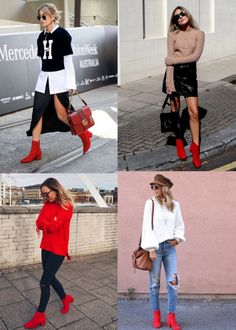 Red Booties Outfit, Red Boots Style, Botines Outfit, Red Boots Outfit, Red Shoes Outfit, Outfit Botas, Red Booties, Booties Outfit, Wear Red