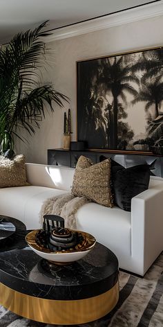 a living room with black and gold accents