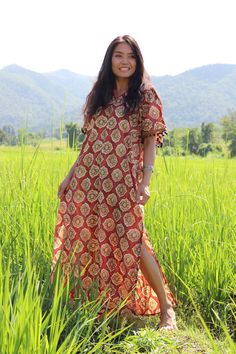 All items are shipped Thailand Post. Free upgrade when you buy 2 items or more.The USA only. Please leave a phone number with orders . Simple Kaftan made in Nepal printed cotton with decorative tassels on dress cuffs and v-neck . A great piece if you are pregnant and you still want to be funky and fashionable .Fantastic for covering up on the beach or hot summer days and can transform to night for the dinner date . Easy to care for wash cold cycle ,hang to dry or tumble dry low . Bust Around 50' Flowy Beach Dress For Festivals, Short Sleeve Beach Dress For Festival Season, Short Sleeve Beach Dress For Beach Season Festivals, Long Boho Floral Print Dress For Vacation, Beach Season Festival Dress With Short Sleeves, Bohemian Cotton Dresses For Vacation, Traditional Floral Print Maxi Dress For Summer, Printed Short Sleeve Boho Dress For Festival, Traditional Maxi Dress With Floral Print For Summer