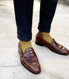 Brown Moc Toe Slip-ons With Brogue Detailing, Brown Plain Toe Loafers With Leather Sole, Masculine Brown Slip-on Leather Shoes, Goodyear Welted Leather Moccasins For Fall, Fall Goodyear Welted Slip-on Moccasins, Brown Plain Toe Moccasins For Business, Brown Moc Toe Moccasins For Business Casual, Brown Business Casual Moccasins With Moc Toe, Brown Moc Toe Slip-ons For Fall