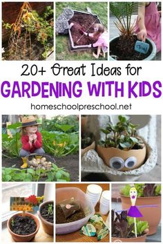 the collage shows pictures of gardening with kids