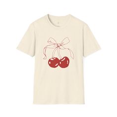 Blossom in style with our 'Cherry Blossom' T-shirt, where fashion meets fruit in a delightful blend! Featuring two cherries tied in a charming bow, this piece isn't just clothing—it's a statement. Perfect for those who like their wardrobe to be as playful and refreshing as their snack choices. Wear it and let your style cherry-sh your individuality! Cute Cherry Print T-shirt For Summer, Retro Cherry Print T-shirt For Summer, Cherry Short Sleeve Tops For Summer, Summer Cherry Print Crew Neck T-shirt, Casual Summer T-shirt With Cherry Print, Casual Cherry Summer Tops, Casual Cherry Print T-shirt, Sweet Summer Tops As Gift, Sweet Summer Tops For Gift