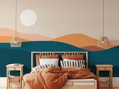 a bedroom with an orange and teal color scheme