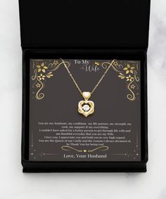 To My Wife Necklace, Valentines day gift for Her, message card necklace for wife, Anniversary Gift for her, Birthday Gift for Wife 💍Make her smile with this Alluring Beautiful Necklace and thoughtful message card, the perfect way to show your Wife how much you love and appreciate her.💍 The Love Dance pendant weigh 0.14 oz and the chain is made from stunning .925 Sterling Silver. The cubic zirconia jewels set throughout the heart is AAAA grade with the gold heart triple plated in 14K gold. How Do I Order? ✨ Select the style of necklace and whether you would like it gift wrapped or with a luxury box from the drop down menu ✨ Please be aware that you will need to add one item at a time to your basket ✨ Complete your order, sit back and relax until your necklace gift arrives - Gold Heart Kno Adjustable Heart-shaped Necklace For Birthday Gift, Elegant Name Necklace For Birthday, Valentine's Day Gift, Yellow Gold Initial Pendant Birthday Jewelry, Gold Birthstone Necklace For Anniversary, Valentine's Day Gift, Personalized Heart-shaped Birthstone Necklace As A Gift For Her, Love Dance, Anniversary Message, Wife Necklace, Heart Knot