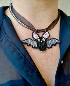 Cute Black Seed Bead Vampire Bat Pendant Necklace Festival | Etsy Handmade Vampire Necklaces For Halloween, Handmade Black Vampire Necklace, Handmade Black Beaded Necklace For Halloween, Handmade Beaded Necklaces For Halloween Gift, Handmade Black Witchy Necklace, Handmade Black Beaded Pendant Necklace, Bat Pendant, Tassel Necklace Boho, Halloween Gothic