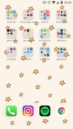 an iphone screen with several different icons on the bottom, and stars in the middle