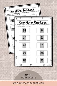 two worksheets for ten more less with the numbers 1 - 10 on them