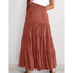 Rust Red Bohemia Pleated High Waist Maxi Skirt Casual Red Non-stretch Maxi Skirt, Casual Non-stretch Red Maxi Skirt, Casual Red Maxi Skirt For Vacation, Non-stretch Red Bohemian Skirt, Red Non-stretch Bohemian Skirt, Bohemian Red Non-stretch Skirt, Red High-waist Skirt With Elastic Waistband, High Waist Red Skirt With Elastic Waistband, Red High Waist Skirt With Elastic Waistband