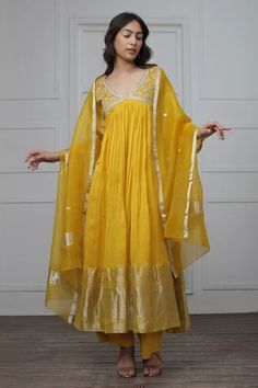 Shop for Myoho Yellow Banarasi Silk Embroidered Anarkali Pant Set for Women Online at Aza Fashions Chanderi Palazzo Set With Gota Work, Floor-length, Floor-length Chanderi Palazzo Set With Gota Work, Anarkali Chanderi Palazzo Set With Sheer Dupatta, Chanderi Anarkali Palazzo Set For Festivals, Chanderi Anarkali Set For Designer Wear, Festival Chanderi Palazzo Set, Anarkali Chanderi Palazzo Set With Gota Work, Anarkali Palazzo Set In Banarasi Silk For Wedding, Traditional Drape Slub Silk Anarkali Set For Festivals