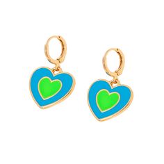 Colorful drop earrings featuring enamel-coated hearts on 18k gold-plated huggie posts. 0.87" W x 1.38" L 18k gold-plated copper / enamel Huggie Earrings, Green Enamel, Huggies Earrings, Blue Green, 18k Gold, Gold Plate, Copper, Plating, Drop Earrings