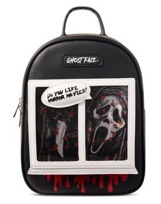 Do you like horror movies? We sure do. Carry all of your everyday horror essentials with this officially licensed Ghost Face Lenticular Mini Backpack. Officially licensed Exclusively at Spencer's Dimensions: 11" H x 8.5" W x 4.3" D Adjustable strap Strap length: 35" Zipper closure 1 Front pocket 1 Main zipper pocket Material: Polyurethane, polyester Care: Spot clean Imported Ghost Face is a registered trademark of Fun World Div., Easter Unlimited Inc. Ghost Face protected under worldwide copyrig Novelty Black Backpack For Everyday Use, Black Novelty Backpack For Halloween, Black Halloween Novelty Backpack, Novelty Halloween School Backpack, Scream Backpack, Scream Clothes, Scary Movie Night, Sanrio Clothes, Pop Bag