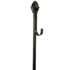 a black umbrella stand with an iron hook on the top and bottom, in front of a white background