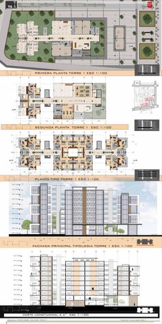 the floor plan for an apartment building with multiple levels and different sections, including two floors