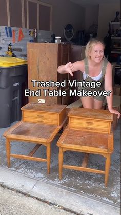 a woman leaning over some wooden tables in a garage with the words trashed vintage end table makeover