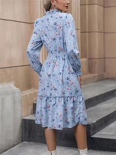 High Waist Dress, Long Sleeve Print Dress, Long Sleeve Floral Dress, Waist Dress, Types Of Skirts, V Neck Dress, Floral Print Dress, Bright Blue