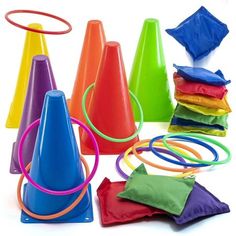 an assortment of colorful plastic cones and rings