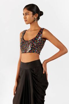 Black organza top with multi color sequin embroidery. Paired with vegan silk draped skirt. - Aza Fashions Fitted Silk Choli For Party, Fitted Silk Party Choli, Fitted Multicolor Sequined Choli, Silk Sequined Choli For Party, Summer Silk Choli For Party, Summer Party Silk Choli, Fitted Sequined Sleeveless Choli Blouse, Summer Party Sleeveless Choli Blouse, Multicolor Choli For Summer Party