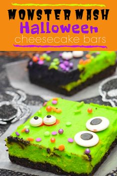 halloween cheesecake bars with green frosting and sprinkles on the top