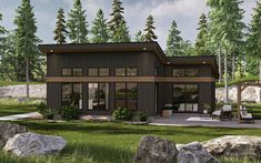 this is a computer rendering of a modern house in the woods with rocks and grass