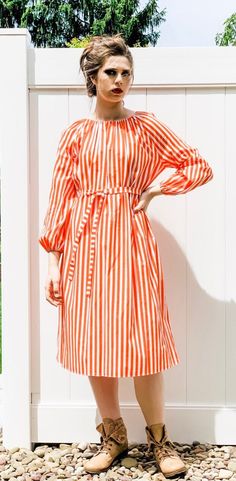 Dress Orange, Orange White, Striped Dress, Vintage Clothing, White Cotton, Off Shoulder Dress, One Shoulder Dress, 1970s, Vintage Outfits