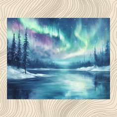 a painting of the aurora bore over a lake with trees and snow on it's sides