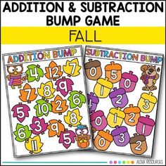 addition and subtraction bump game for fall with numbers, letters, and animals