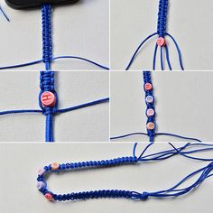 how to make a beaded necklace with blue thread and pink button beads, step by step