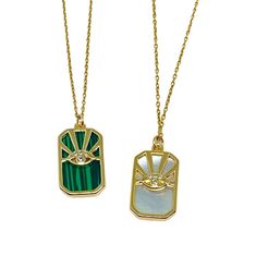 This mid length charm is a perfect touch to your look. These rectangular pendants with small evil eyes hang on stainless steel adjustable chains that can be worn at 16", 18", or 20"! These lengths will pair well with any short necklace, choker, lariat, or all of the above! Available in the ever so trendy emerald or white seashell. Chain is Stainless Steel with 14k gold plating Nickel-free Adjustable Rectangular Pendant Jewelry, Trendy Green Jewelry With Adjustable Length, Trendy Adjustable Evil Eye Necklace, Trendy Adjustable Evil Eye Necklaces, Green Charm Necklace With Adjustable Chain, Adjustable Green Charm Necklace, Adjustable Necklace With Rectangular Pendant, Necklaces With Adjustable Chain And Square Pendant, Nickel Free Adjustable Necklace With Rectangular Pendant