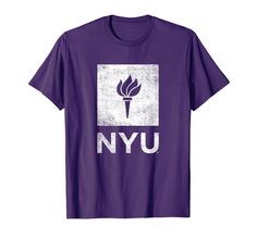 a purple t - shirt that says nyu with a flower in the center on it