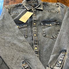 Size L Denim Over Shirt New Dark Wash Chambray Denim Jacket For Fall, Washed Blue Chambray Denim Jacket With Long Sleeves, Dark Wash Chambray Denim Top For Fall, Fall Dark Wash Chambray Denim Top, Washed Blue Chambray Long Sleeve Denim Jacket, Washed Blue Chambray Denim Jacket, Washed Blue Long Sleeve Chambray Denim Jacket, Casual Chambray Denim Jacket With Relaxed Fit, Collared Medium Wash Denim Top