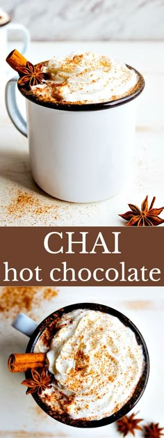 two mugs filled with chai hot chocolate and cinnamon sprinkled on top