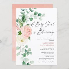 Virtual baby shower Baby girl is blooming spring Invitation Editable Template Virtual Baby Shower Invitation, Greenery Invitation, Floral Greenery, Summer Baby Shower, Virtual Baby Shower, Baby Invitations