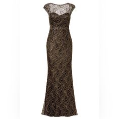 Gold And Black Lace (100% Polyester). Cap Sleeves. Boat Neckline. Boned Bodice With Fitted Skirt. Hidden Back Zipper With Hook-And-Eye Closure. Partially Lined. Sz 8 Preloved Original Retail $895 Elegant Lace Gown For Gala, Elegant Lace Evening Dress With Sweep Train, Lace Evening Dress For Gala, Elegant Evening Lace Gown, Elegant Lace Evening Dress For Gala, Formal Evening Lace Gown, Dressy Lace Evening Dress, Elegant Lace Dress With Sweep Train, Formal Evening Lace Dress