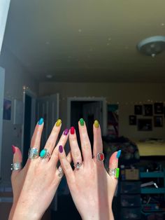 silver rings. summer nails. multicolor nails. boho rings. Easy Nail Color Combos, Each Nail A Different Color, Mix Match Nails Colour, Nails Two Colors Each Hand, Color Combinations For Nails, Short Mismatched Nails, Nails Primary Colors, Mix Matched Nails, Two Color Nails Ideas