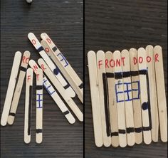 several popsicles that have been made to look like clothes pins with the words front door on them