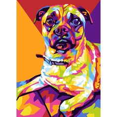 a painting of a dog with colorful colors on it's face and chest, sitting in front of a red background