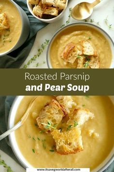 two bowls of roasted parsnip and pear soup with bread on the side