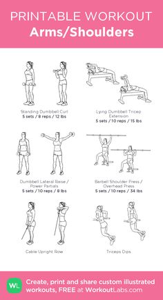 the printable workout guide for arms and shoulders is shown in this image, with instructions to