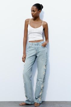 TRF MID-RISE WIDE LEG RIPPED JEANS - Light blue | ZARA United States Wide Leg Ripped Jeans, Full Length Jeans, Career Girl, Wide Jeans, Wide Legs, Pocket Jeans, T-shirt Polos, Blazer Dress, Zara United States