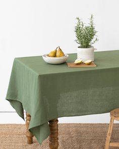 Forest green linen tablecloth - MagicLinen Green Tablescape, Linen Curtain Panels, Green Tablecloth, Flower Bar, Forest Green Color, Green Table, Linen Sheets, Linen Duvet Covers, Linen Duvet