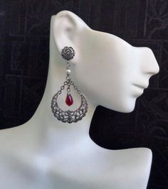 Annabelle Earrings Red and Silver Medieval, Renaissance, Tudor-inspired, Gothic Chandelier Hoops - Etsy Gothic Dangle Earrings For Festival, Red Gothic Earrings For Pierced Ears, Medieval Metal Jewelry, Victorian Teardrop Metal Jewelry, Handmade Gothic Wedding Earrings, Red Dangle Chandelier Earrings, Red Pierced Dangle Chandelier Earrings, Red Bohemian Metal Chandelier Earrings, Ornate Metal Dangle Clip-on Earrings