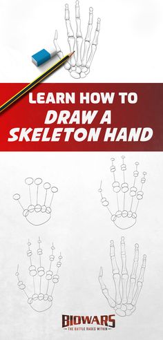 A collage of five images depicting the process of drawing a skeleton hand. Drawings Of Skeleton Hands, How To Draw Skeletons Hands, How To Sketch A Skeleton, Art Sketchbook Skeleton, How To Draw Hand Bone, How To Draw A Ribcage, Drawing Hand Step By Step, Skeleton Oc Drawing, Skeleton Still Life