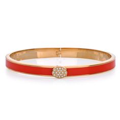 A sophisticated hand-enameled 18 karat gold plate trimmed bracelet with a pave diamond button that acts as a discreet clasp for evenings when a bit of sparkle is just what is needed in an accessory. Elegant Enamel Bangle For Formal Occasions, Elegant Red Enamel Bracelets, Elegant Formal Enamel Bangle, Elegant Enamel Bangle Bracelets, Halcyon Days, Modern Life, Pave Diamonds, Gold Bracelet, Gold Plate