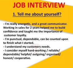 a job interview is written in red and yellow